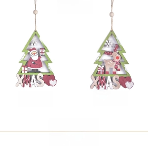 Detail of wooden Christmas tree pendants featuring Santa and reindeer with XMAS text