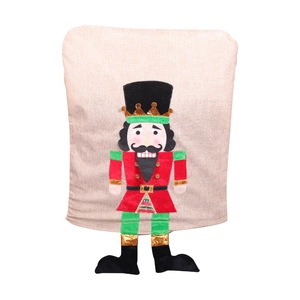 Nutcracker Christmas chair cover made of red and green burlap with 3D hanging legs