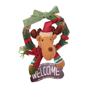 Christmas wreath decoration featuring a plush reindeer with a wooden Welcome sign