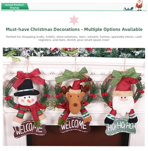 Detail of three Christmas wreath ornaments with snowman and reindeer on a white fireplace