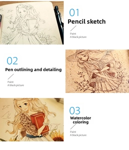 Detailed creative process from pencil sketch to ink outlining and watercolor painting