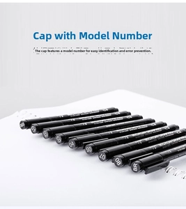 Detail view of nine waterproof drawing pens with model numbers on caps and fine nibs