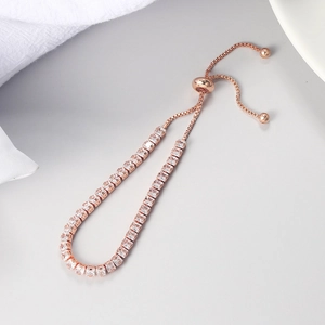 3mm square zircon tennis bracelet in rose gold finish with adjustable slider chain