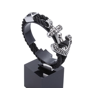 Men Bracelet Black Braided Leather Cord Stainless Steel Skull Anchor Clasp Punk Gothic Jewelry