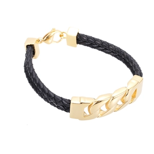 Men's double-layer braided leather bracelet with gold stainless steel cuban chain detail