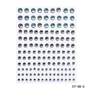 Detailed sheet of self-adhesive iridescent acrylic rhinestones in multiple sizes for DIY