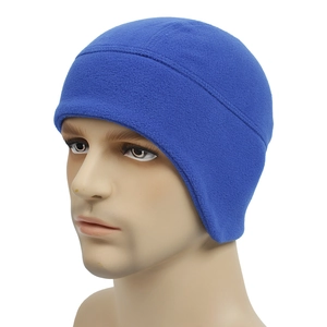 Detail view of navy blue fleece thermal winter hat with ear protection for skiing