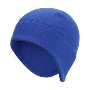 Detail view of the royal blue fleece sports cap featuring ear protection and flat seams