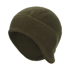 Detail of olive green fleece cycling cap showing double stitching and ear protection