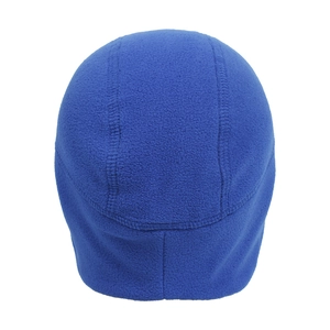 Close-up of a navy blue fleece cycling cap with durable cross-stitched seams and soft texture