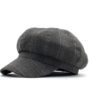 Classic grey plaid octagonal beret cap with premium woven texture and retro newsboy style