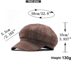 Detailed size chart of vintage brown plaid newsboy cap with 58cm circumference