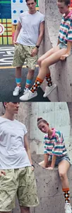 Detail of stylish crew socks with colorful geometric patterns and street style aesthetics