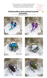 Detailed view of colorful enamel animal brooches with pearls and rhinestones