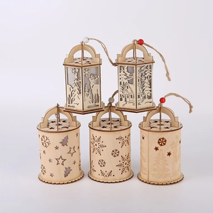 5-piece set of wooden hollow Christmas lanterns with LED lights and festive patterns