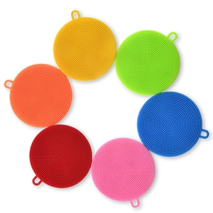 Multicolor silicone dish scrubbers set of six with hanging loops on white background