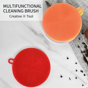 Multipurpose silicone dishwashing brush set with hanging hole on marble surface