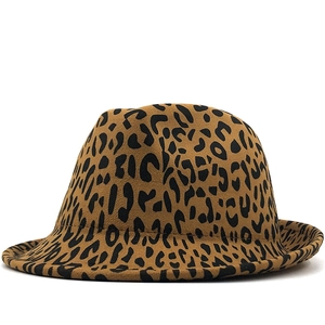 Classic leopard print wool felt fedora hat with a flat brim for men and women