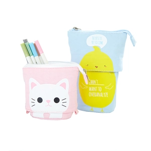 Cute telescopic canvas pencil case featuring cartoon cat and chick in pink and blue colors