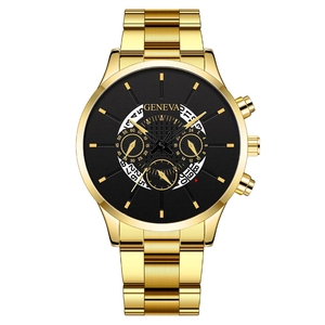 Classic Geneva business watch for men featuring a gold steel band and black quartz dial