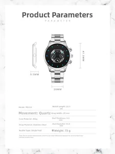 Detailed size specifications for Geneva men's steel watch with black dial and blue markers