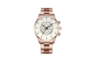 Detail of rose gold Geneva watch dial with multi-function subdials and linked metal strap