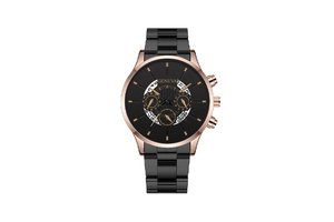 Detail view of the rose gold bezel and three-subdial design of the Geneva quartz watch