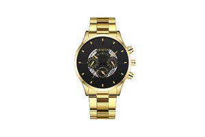 Detailed front view of gold stainless steel business watch with black three-eye dial