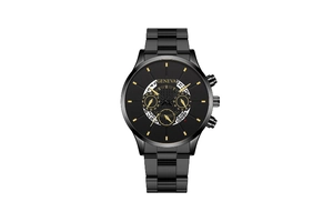 Detail of all-black Geneva men's business watch with golden indices and calendar display