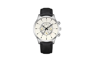 Close-up of Geneva men's business watch with silver metal case and black leather strap