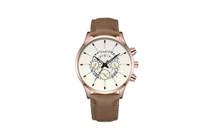 Detail of rose gold case white dial with three sub-dials and brown leather strap watch