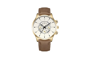 Detail view of the Geneva men's quartz watch with gold case and brown leather strap