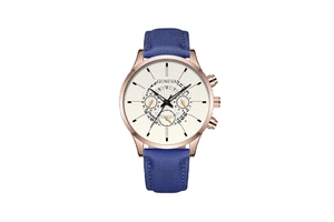 Detail view of business quartz watch with rose gold case and blue leather strap