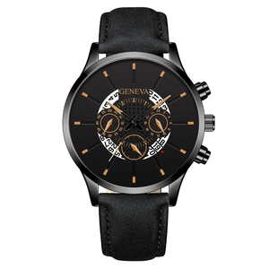 Business quartz watch with black dial, gold markers and decorative sub-dials on matte band