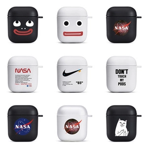 Grid view of nine silicone AirPods cases with NASA, Nike, and slogan designs on white background