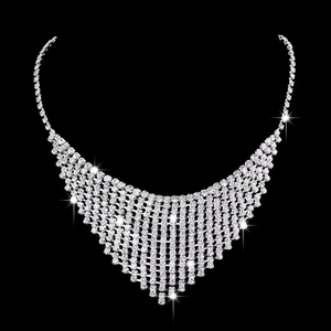 Elegant silver-tone V-shaped bridal necklace set with sparkling multi-row crystals