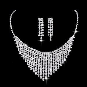 Silver bridal jewelry set with V-shaped rhinestone fringe necklace and matching earrings