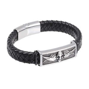 Men Bracelet Woven Leather Stainless Steel Skull Wing Relief Punk Rock Retro Jewelry Accessory Bangle