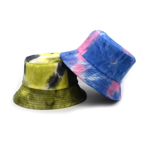 Tie Dye Corduroy Cotton Bucket Hat Sun Protection Foldable Outdoor Travel Retro Flat Top Wide Brim Casual Fisherman Hat