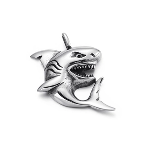 Polished silver titanium steel shark pendant with 3D sculpted open mouth design