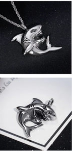 Detailed view of 3D shark pendant necklace showing intricate gills and teeth details