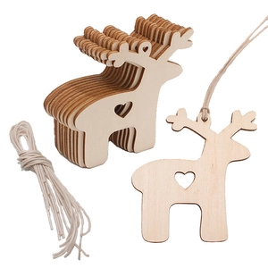 Detailed view of ten wooden reindeer tags with heart cutouts and natural jute twine