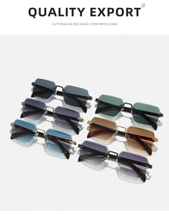 Détail de lunettes de soleil carrées sans monture en six couleurs avec pont doré