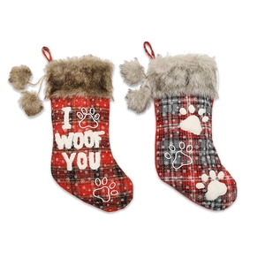 Weihnachtsstrümpfe im Hundepfoten-Design mit Kunstfellbesatz und Stickerei Set