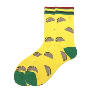 Fashionable men's mid-calf socks featuring yellow tacos food print and green accents