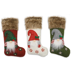 Three knitted Christmas stockings with 3D forest gnome dolls in red, white and green