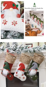 Close-up of knit Christmas stockings with 3D gnome design and faux fur cuffs