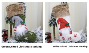 Detail of knit Christmas stockings with faux fur trim and cute gnome snowflake patches