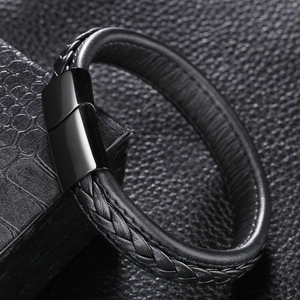 Bracelet tressé en cuir noir pour homme avec fermoir magnétique en acier inoxydable