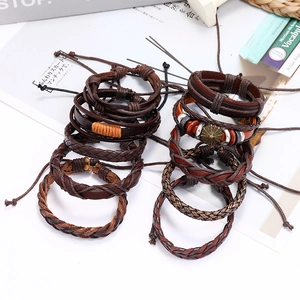 Vintage multilayer leather bracelet set for men with braided ropes and punk metal charms